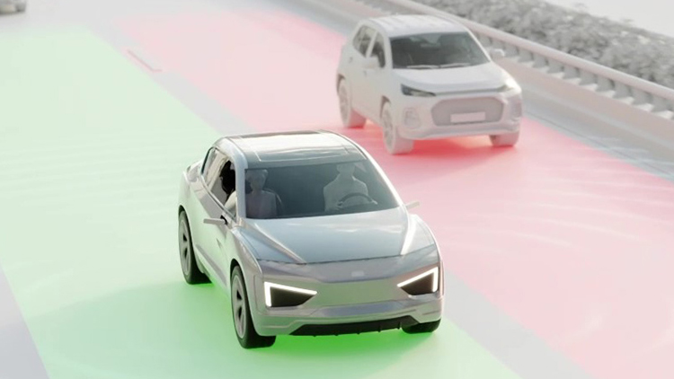 Rendering of two vehicles travelling along a road using camera technology for lane assist